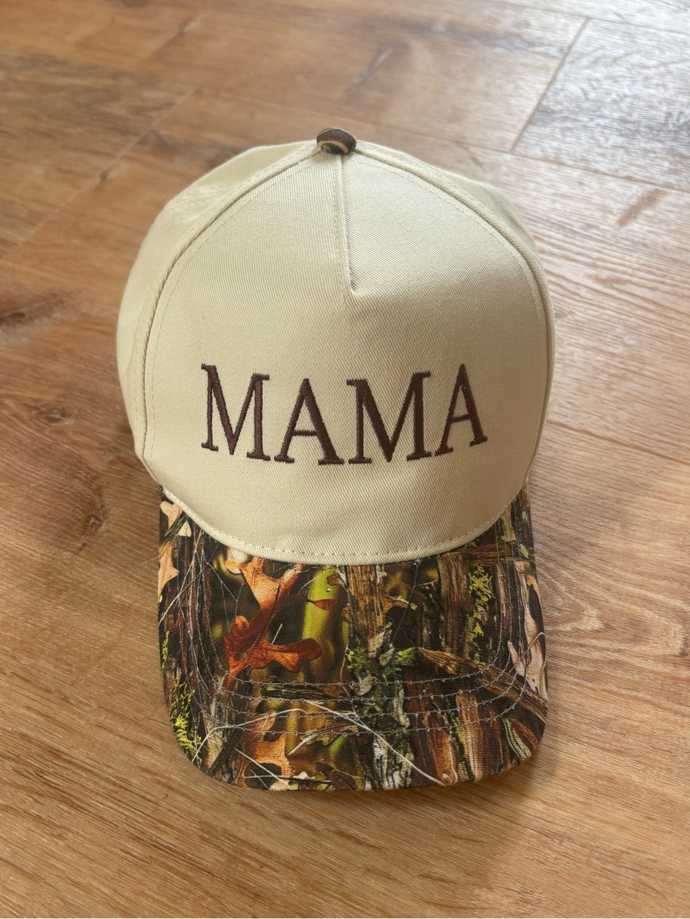 David and Young Cream Cap with Brown 'MAMA' Embroidery and Camo Brim
